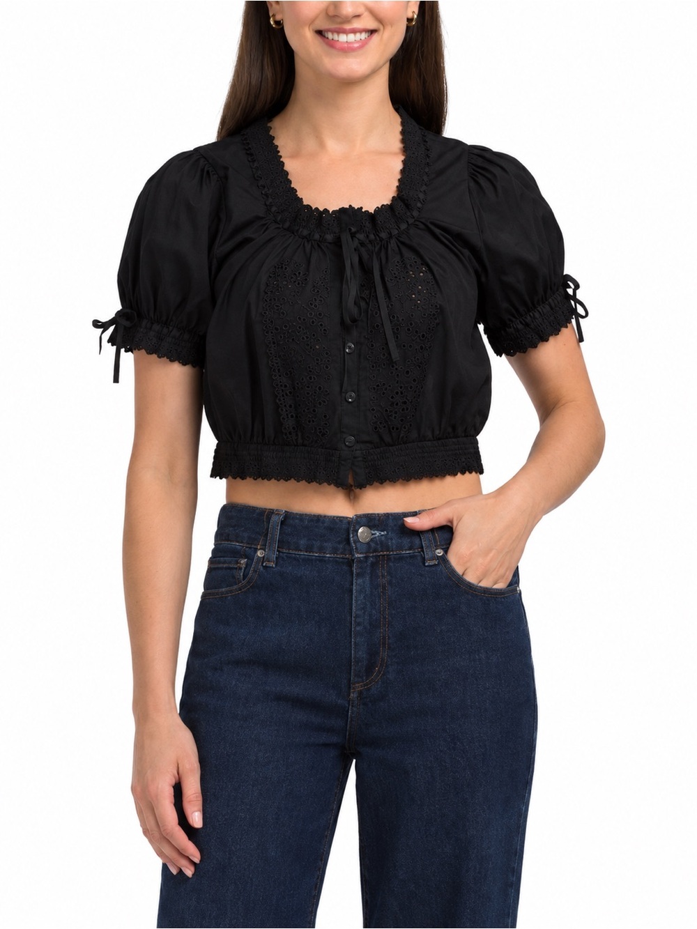 House of Harlow 1960 Black Cropped Peasant Blouse